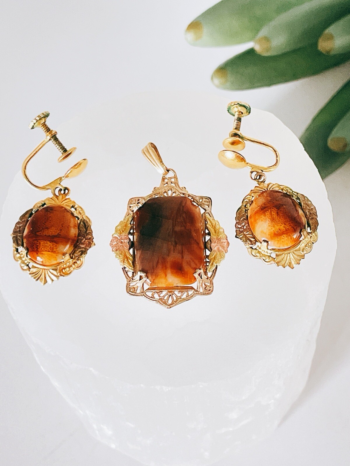 Baltic Honey Amber Gold Filled Pendant & ScrewBack Earrings Set Stunning Vintage