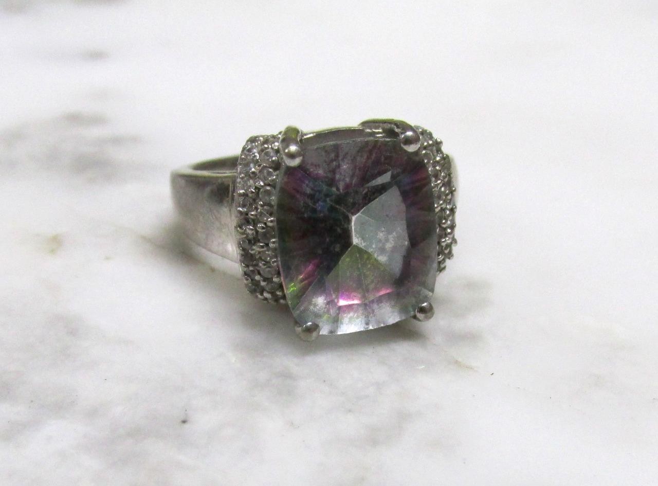 Mystic Topaz & Clear Stone Sterling Silver Cocktail Ring Sz 6.25 ~ 5.7g ~ 4-C347