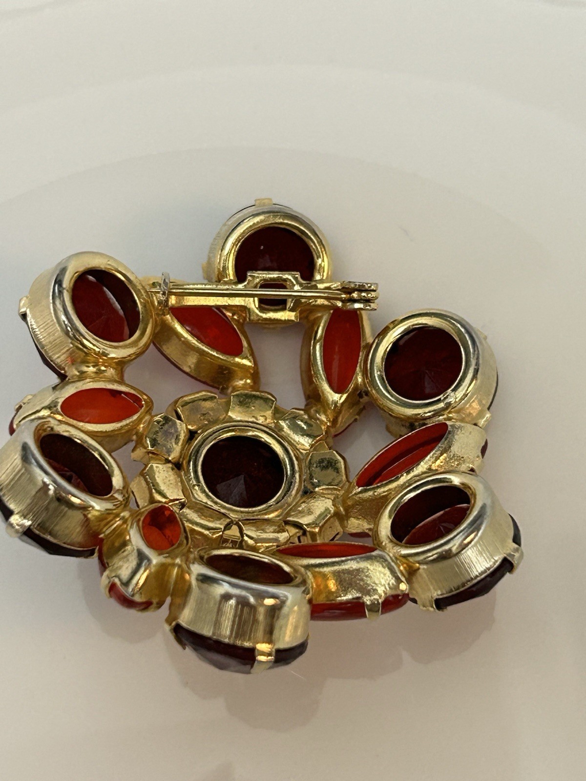 Large Vintage Red & Pink Fuchsia Cluster Rhinestone Flower Dome Gold Tone Brooch