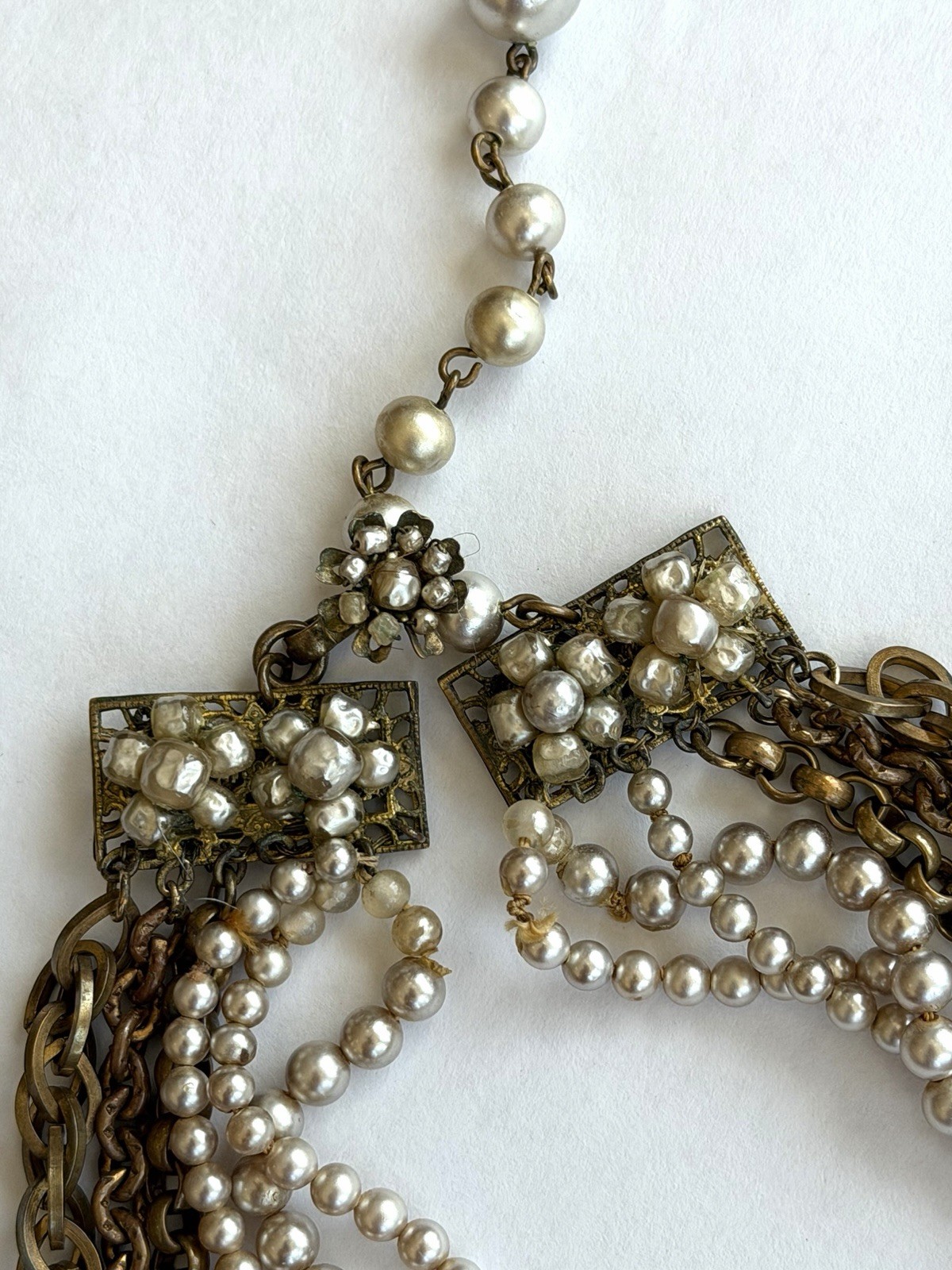 Miriam Haskell Vintage Signed 3-Strand Glass Pearl and Gold Chain Link Necklace