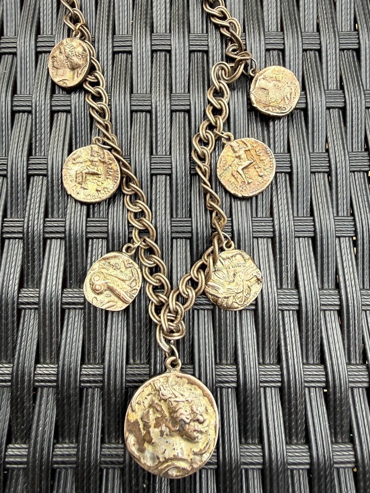 Vintage Alva Studios Gold-Tone Coin Bib Necklace Chunky Chain Statement Pendant