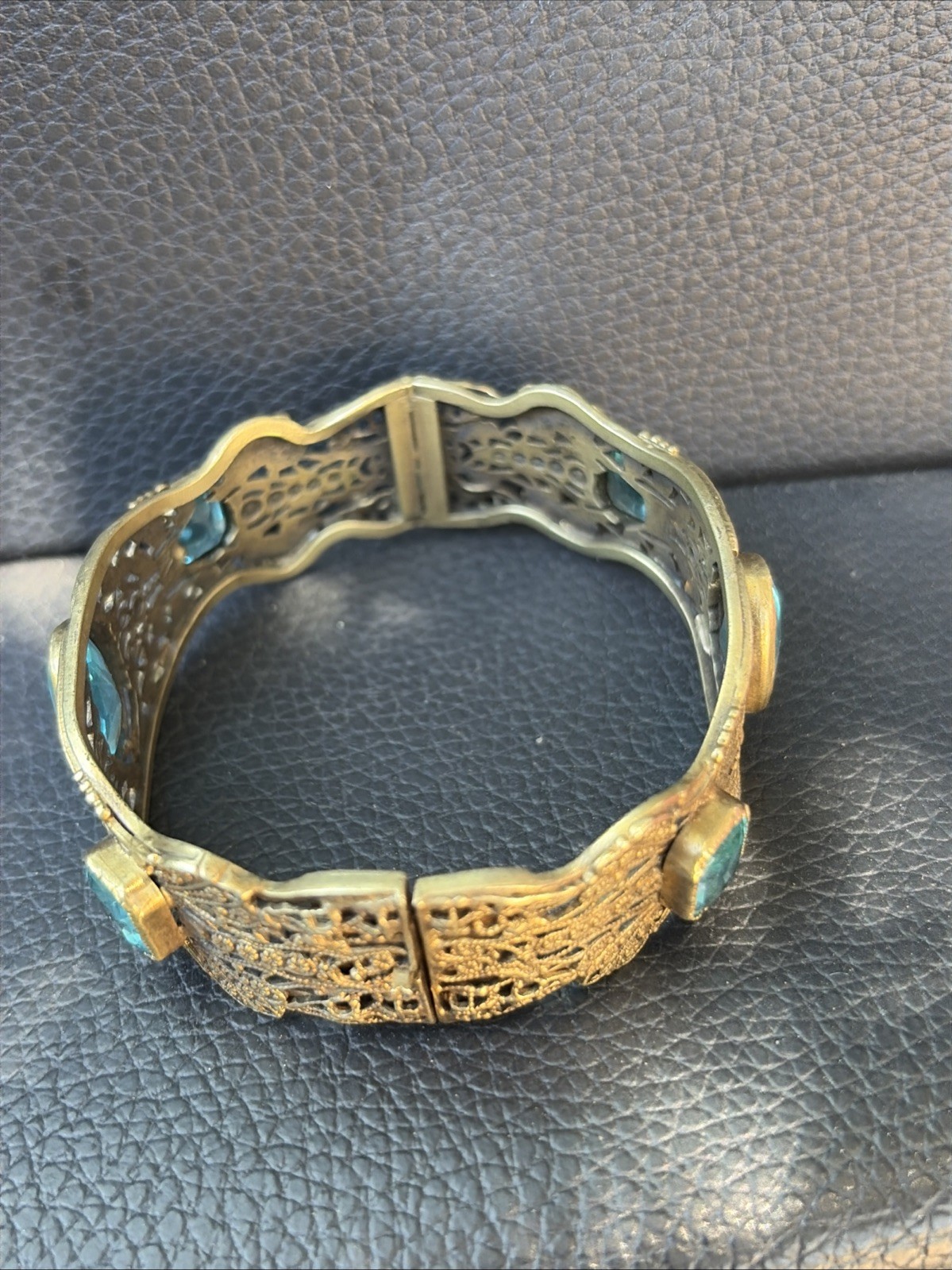 Vintage Brass Cuff Bracelet Blue Stones and Fine Filigree Design