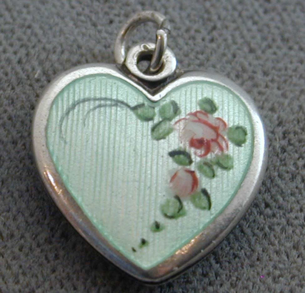 Antique Walter Lampl Hand Painted Guilloche Enamel Puff Heart Charm