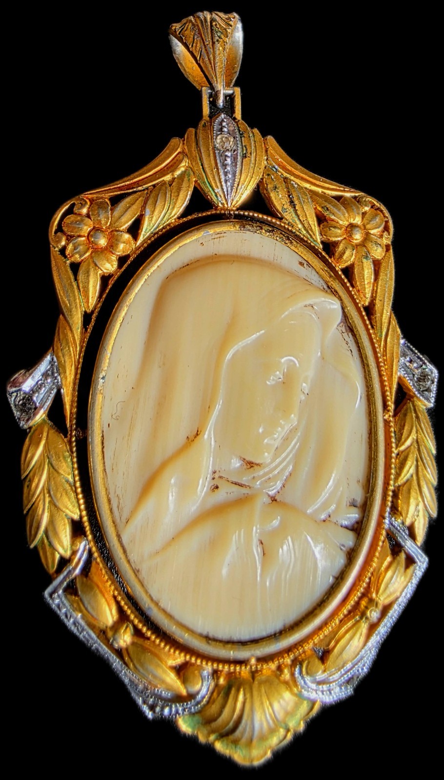 Fine Antique European Art Deco Bronze Gold Virgin Mary Pendant Medal Ca 1900