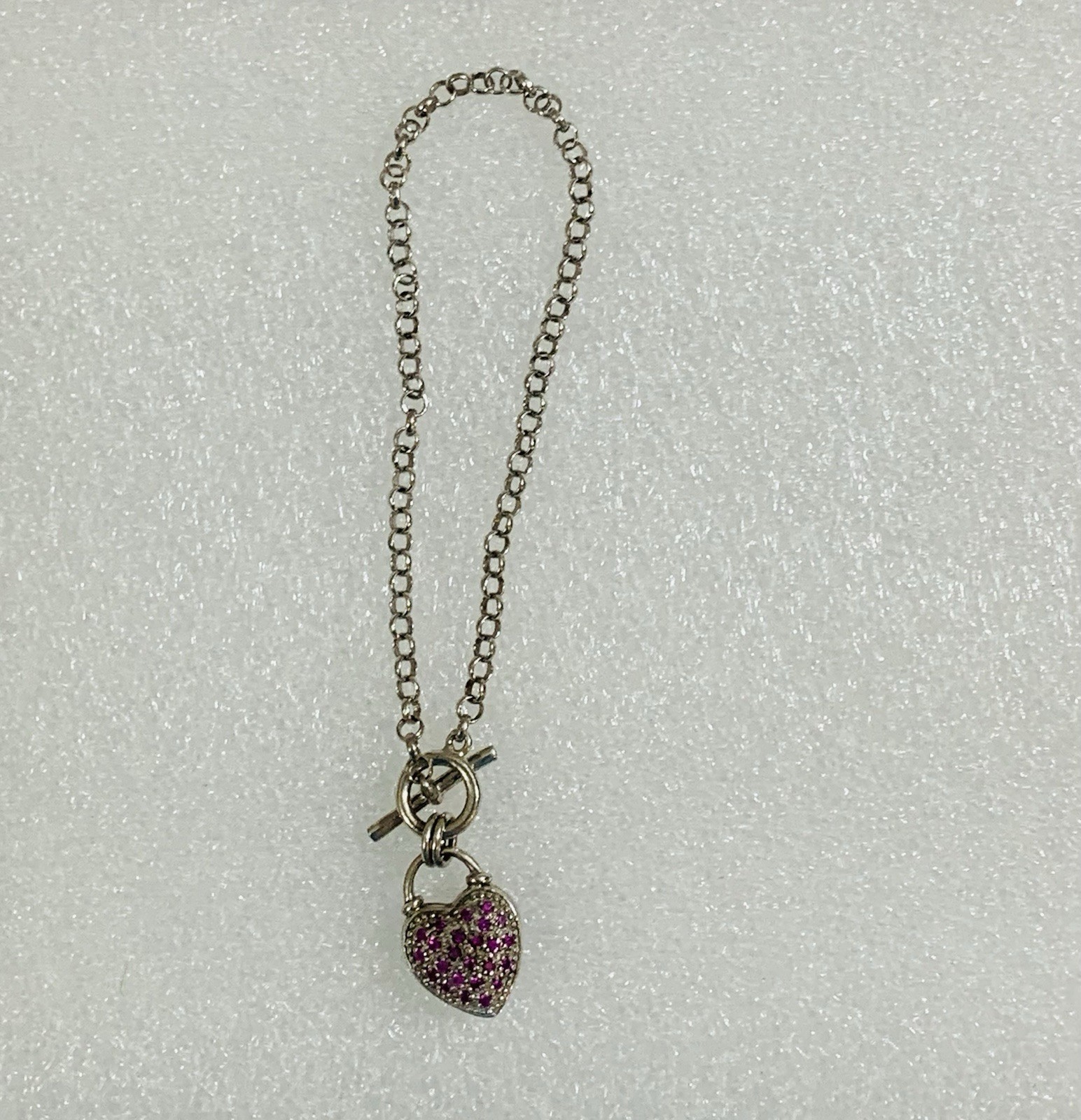 Sterling Silver Vintage Chain Bracelet W/Crystal Heart Charm & Toggle Clasp