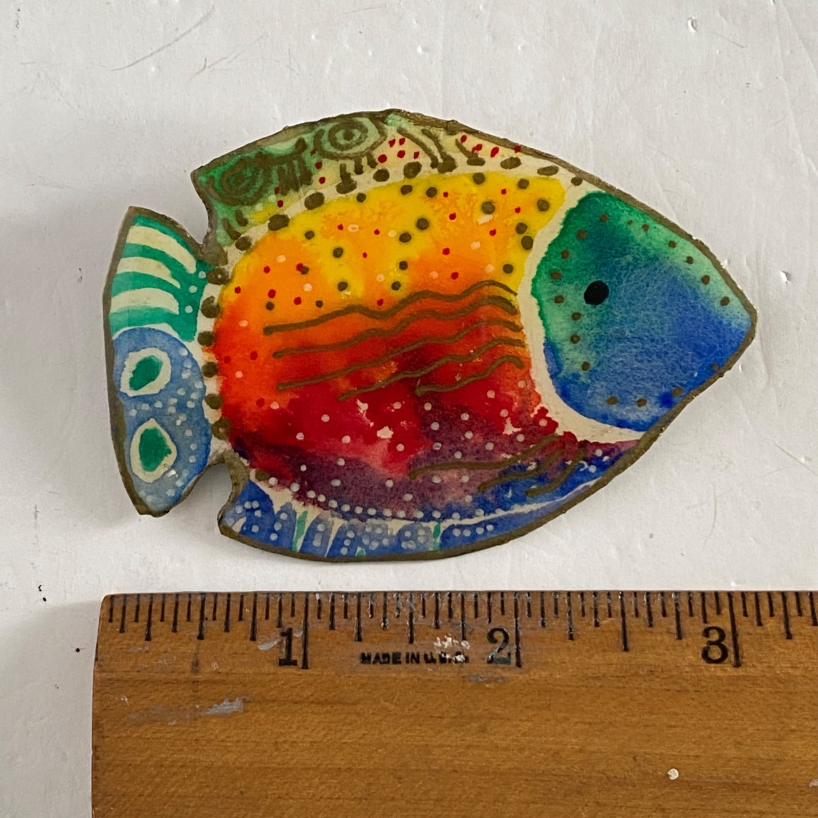 DJB Colorful Fish Watercolor Hand Painted Gold Rim Resin Pin Brooch 3x2in