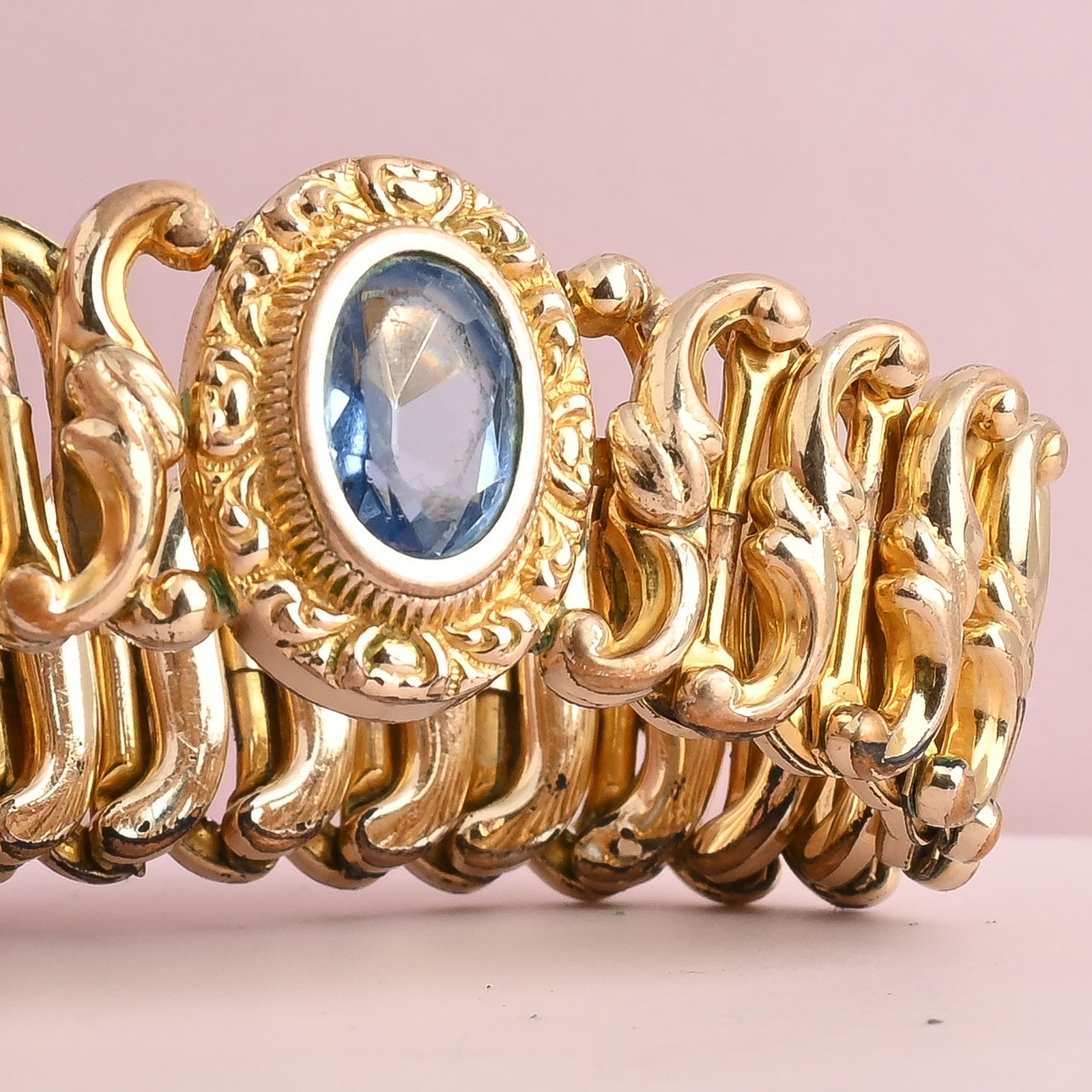 Antique Victorian Blue Paste Glass Yellow Gold Filled Expansion Bracelet