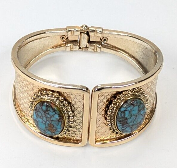 Vintage Faux Turquoise Cabochon Patterned Gold Tone Hinged Clamper Bracelet