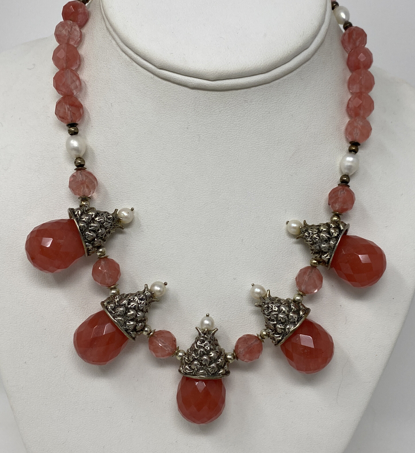 Stunning Artist Signed PF Sterling Silver Rose Quartz Pearl Collar Necklace
