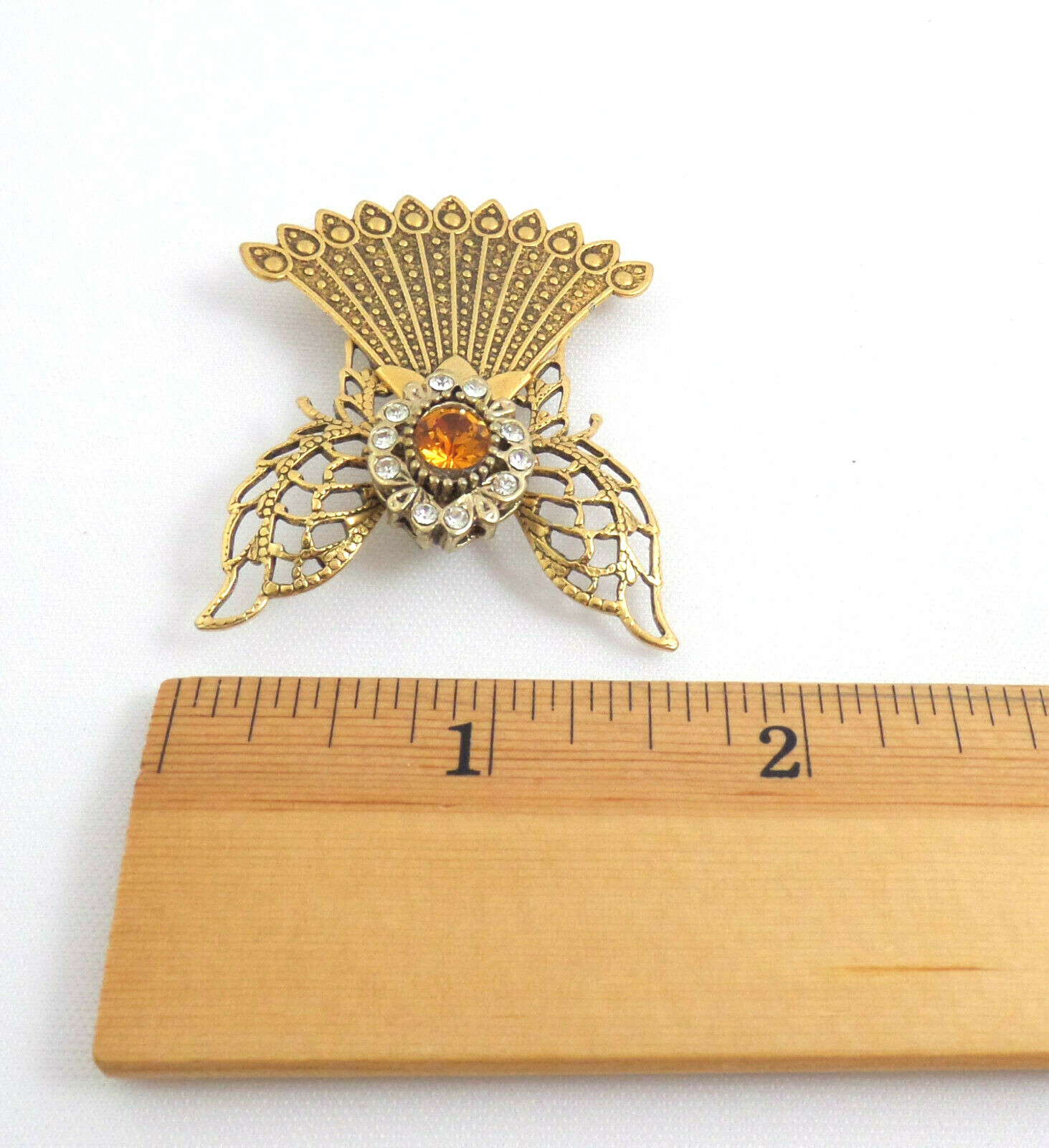 VTG Magnetic Pin Gold Plated Angel w Yellow & Clear Rhinestones Almost 2” Tall
