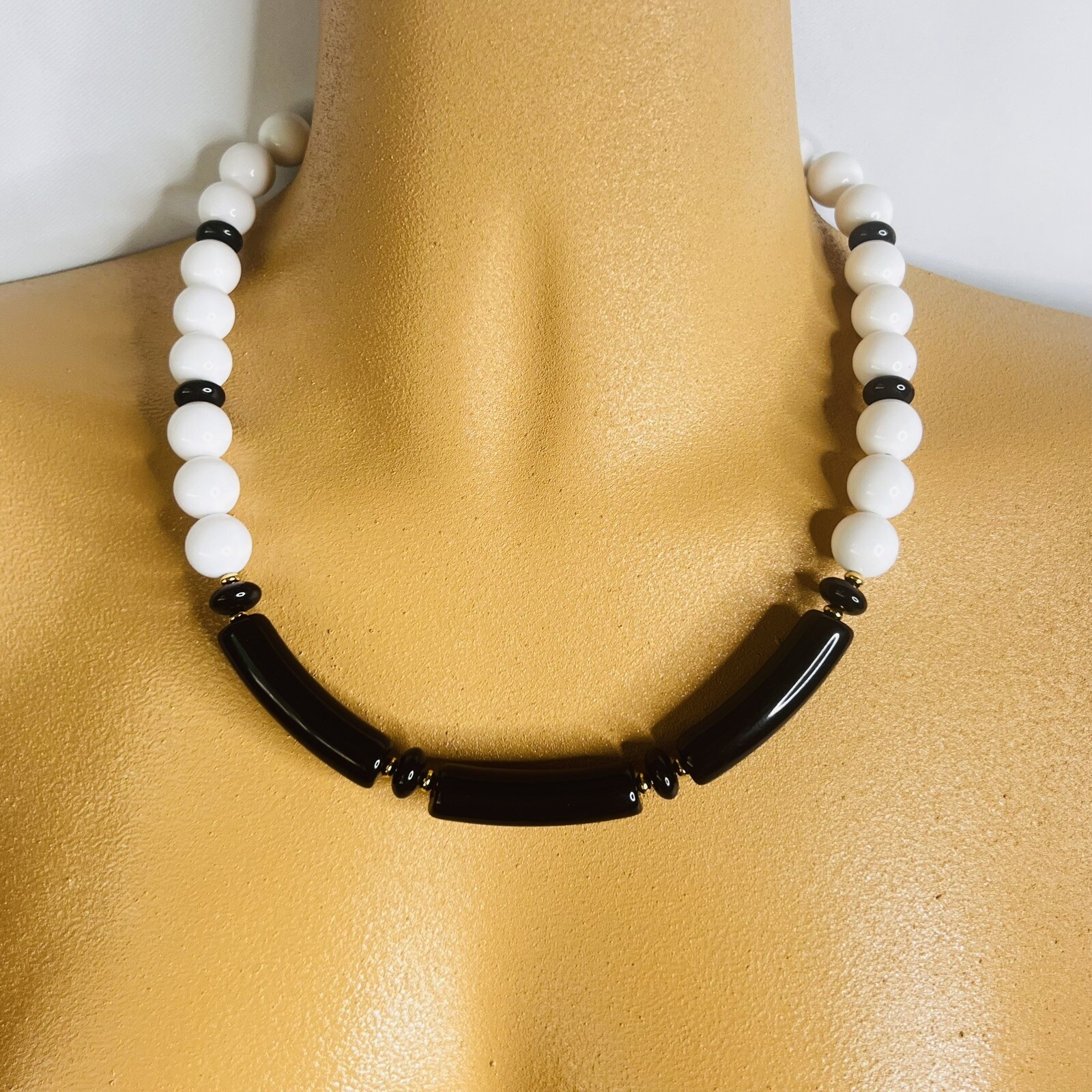 Vintage Monet Necklace White Black Gold Lucite Beads Beaded PRETTY 18” 4674