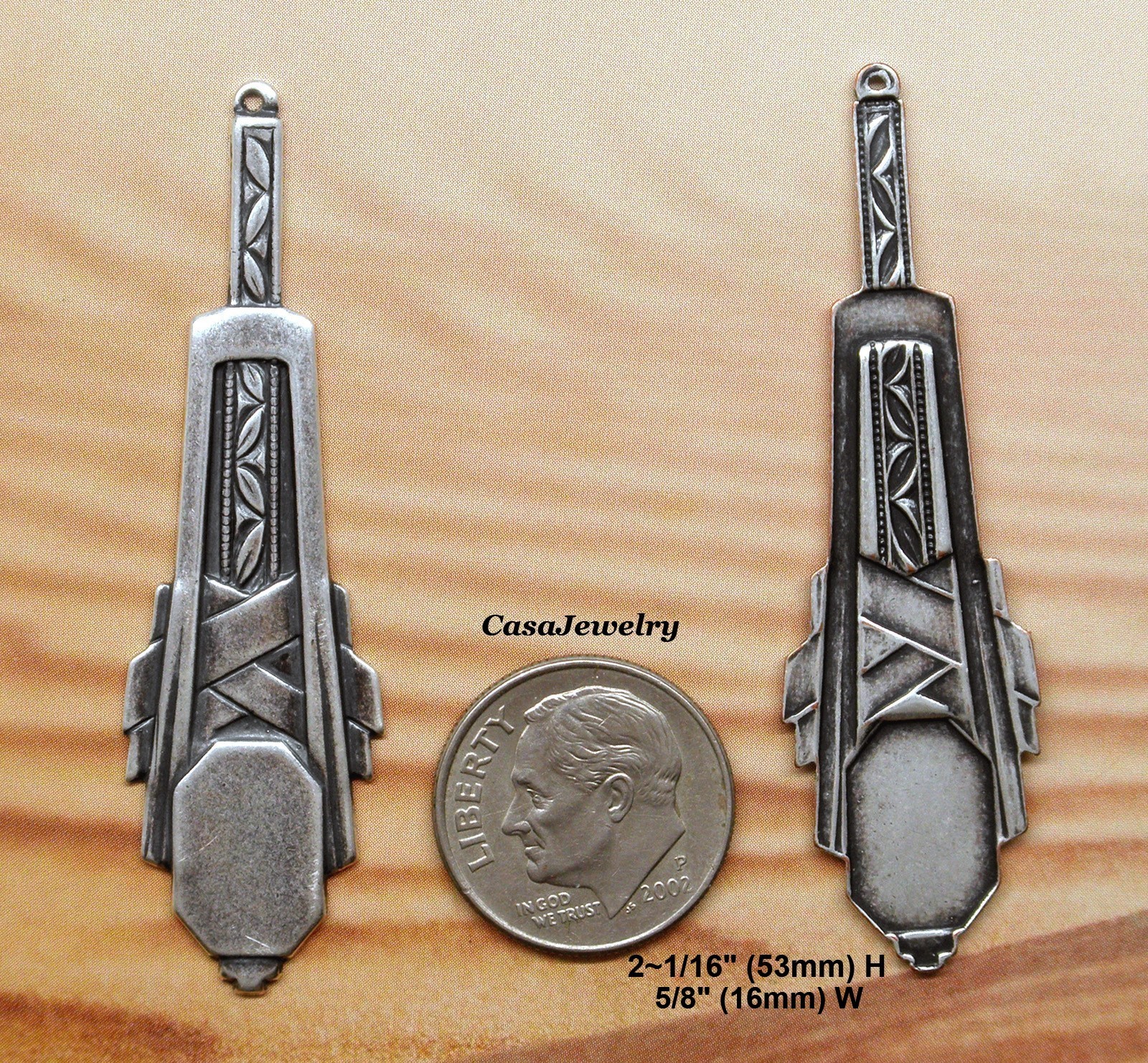 #0184 ANTIQUED STERLING SILVER PLATED ART DECO DROP W/TOP HANG RING – 2 Pc Lot