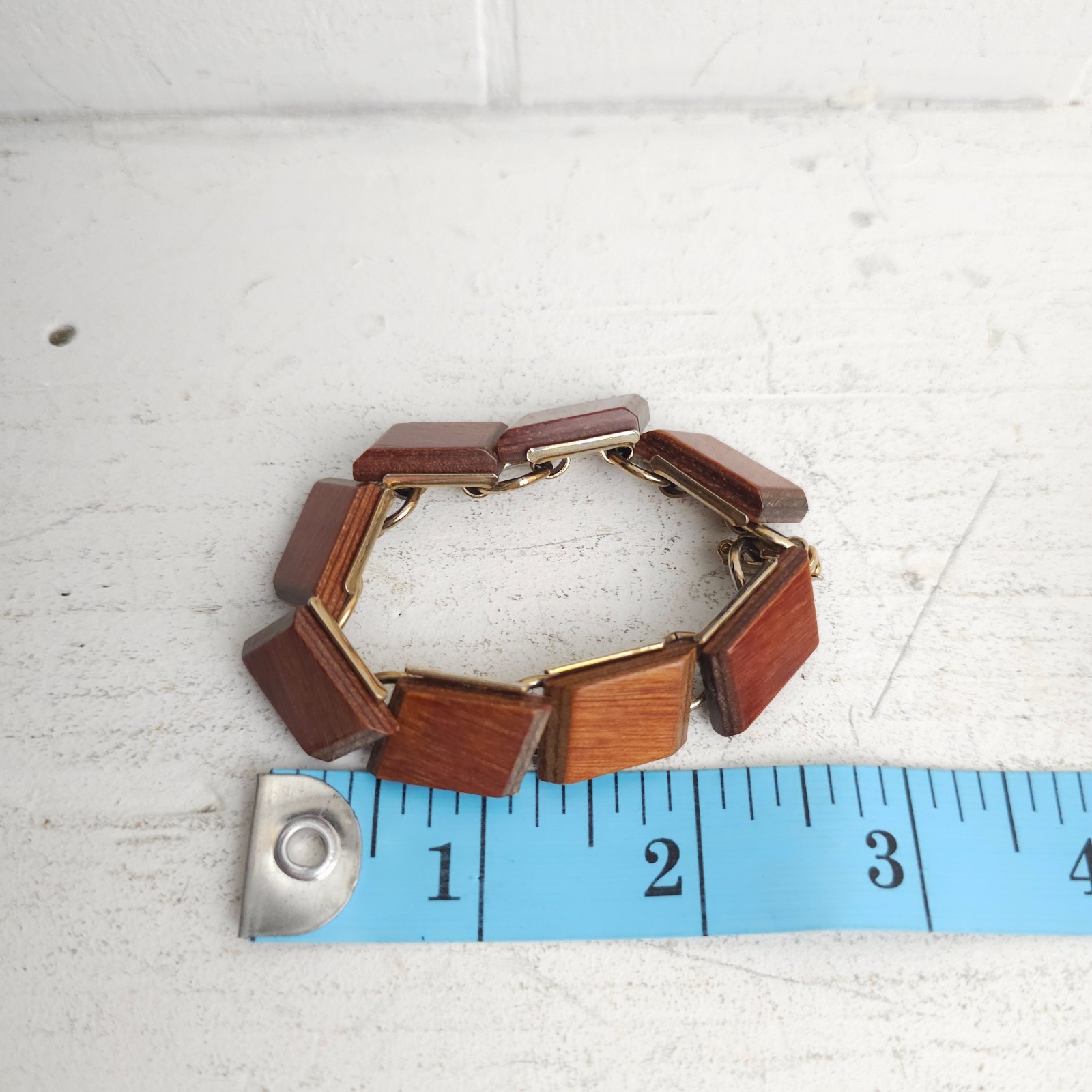 Vtg Modernist MCM Wood Tile Link Bracelet Boho 1960s 70s Earthy Natural Minimal