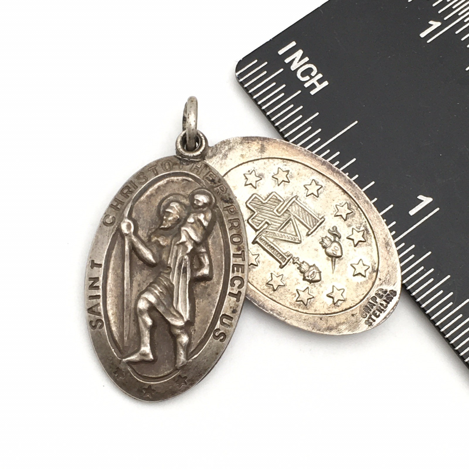 13.3g Vintage Sterling Silver CHAPEL Mary & St Christopher Religious Medal #90