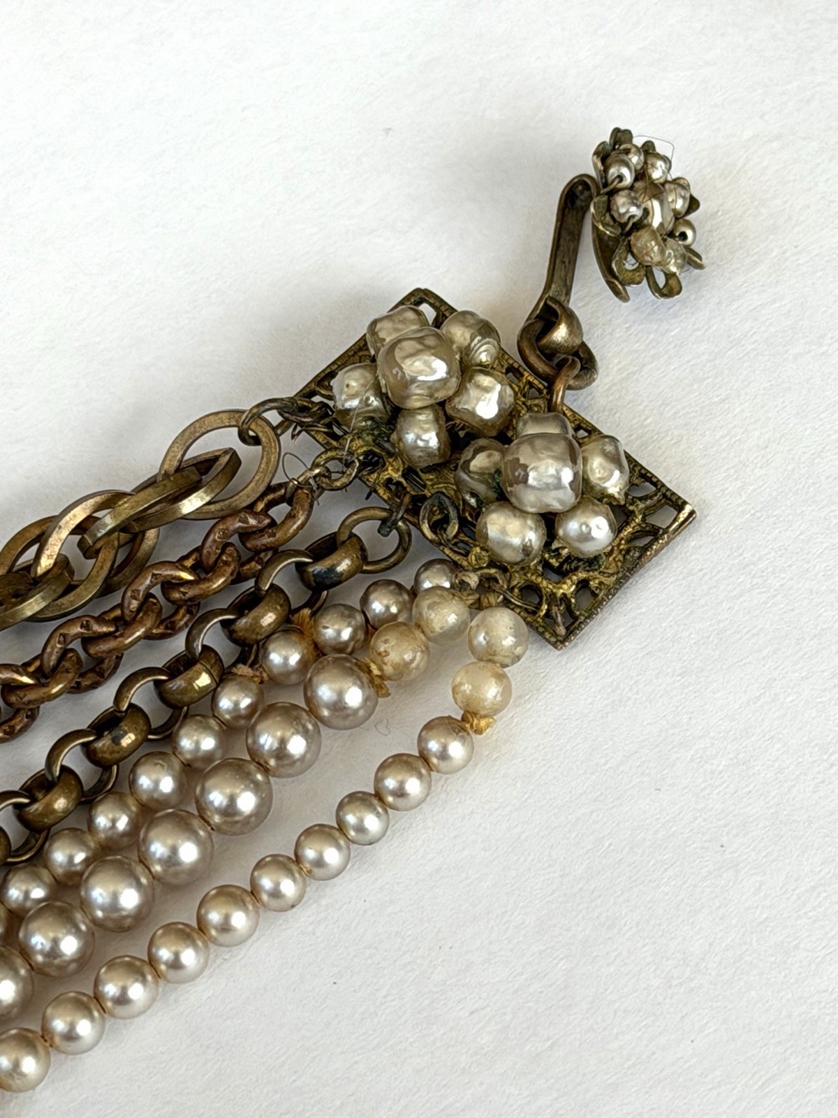Miriam Haskell Vintage Signed 3-Strand Glass Pearl and Gold Chain Link Necklace