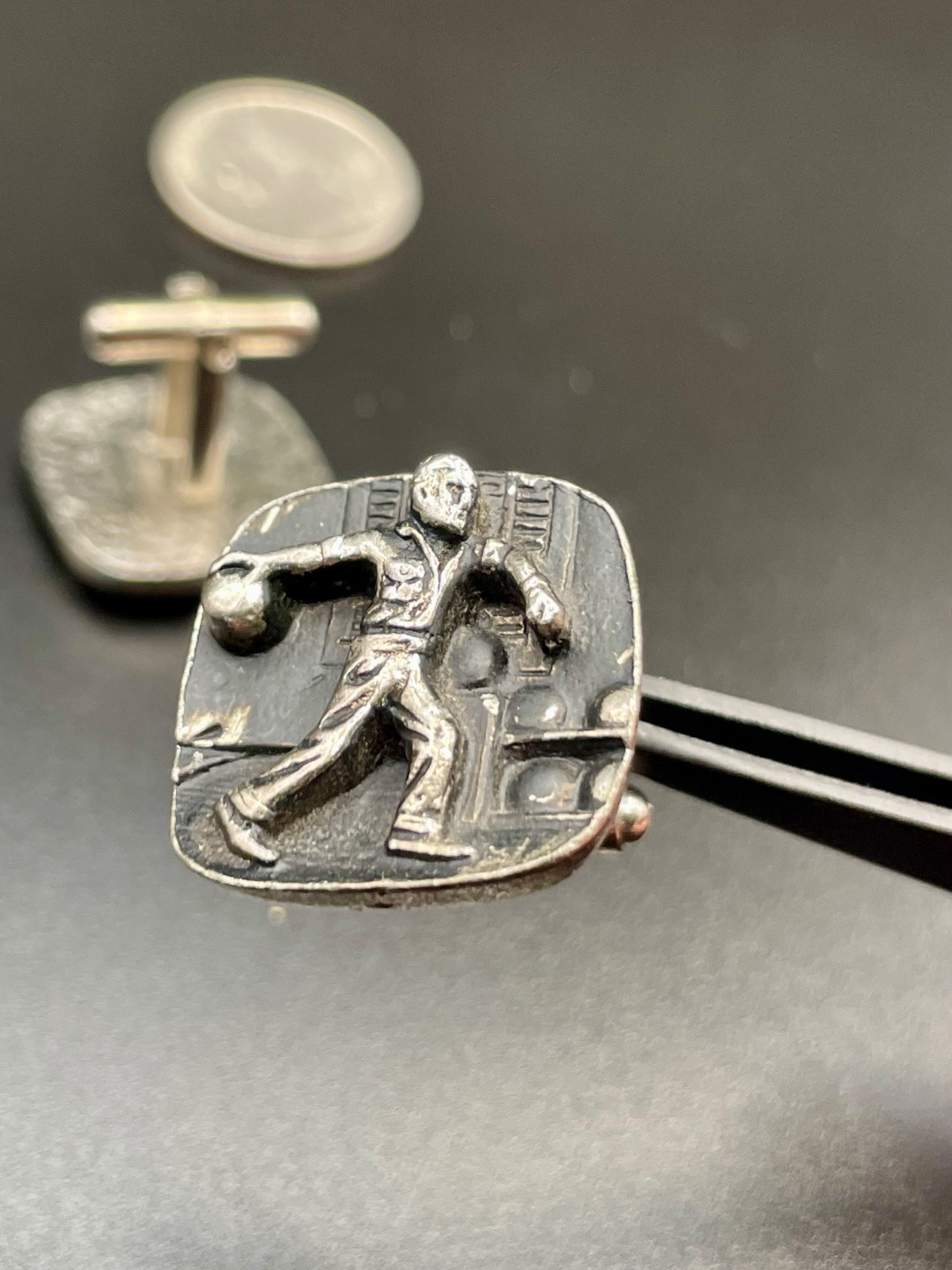 Vintage Bowling Alley Bowler Figural Cufflinks Silver Tone Bas Relief MCM