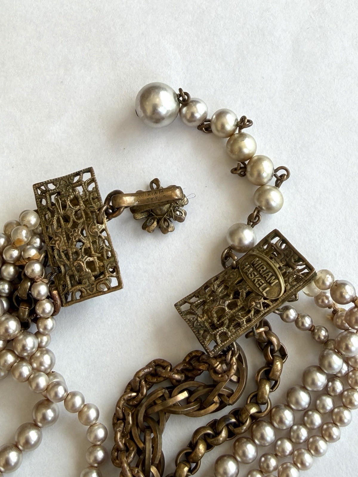 Miriam Haskell Vintage Signed 3-Strand Glass Pearl and Gold Chain Link Necklace