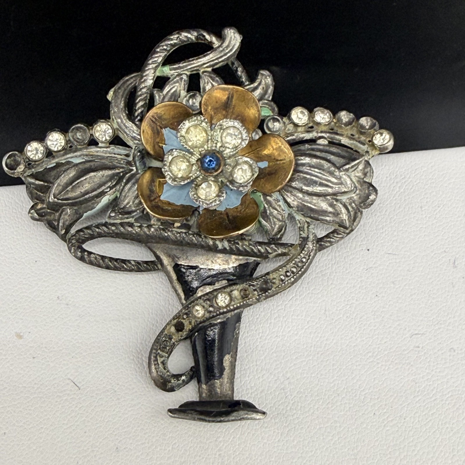 Vintage Potmetal Brooch Flower Basket Rhinestone New England Glassworks READ