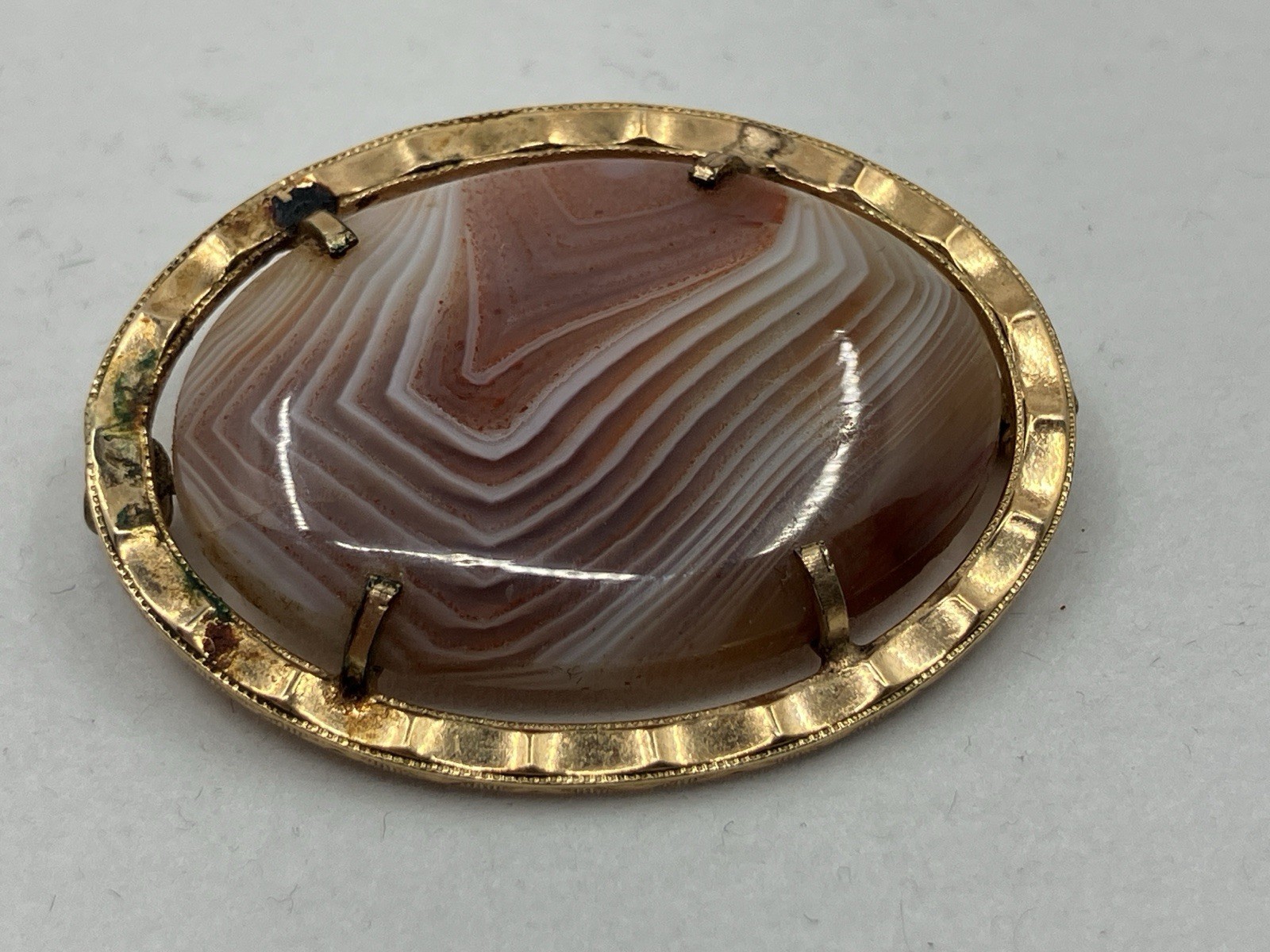 Vintage Gold Filled Brooch Banded Agate Stone Pin