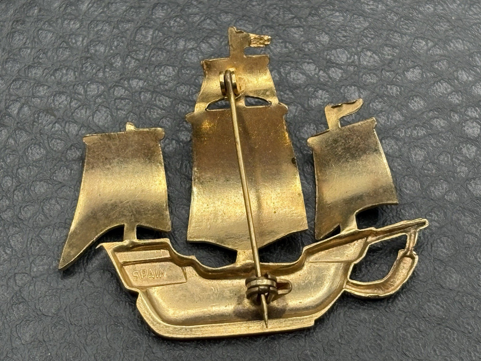 Vintage Spanish Damascene Galleon Ship Cross Brooch Pin Toledo Spain Red Enamel