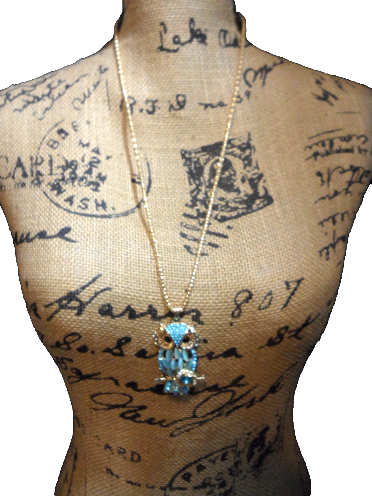 Blue Rhinestone Owl Pendant Necklace 26″ Long Popcorn Chain Granny Core Vtg