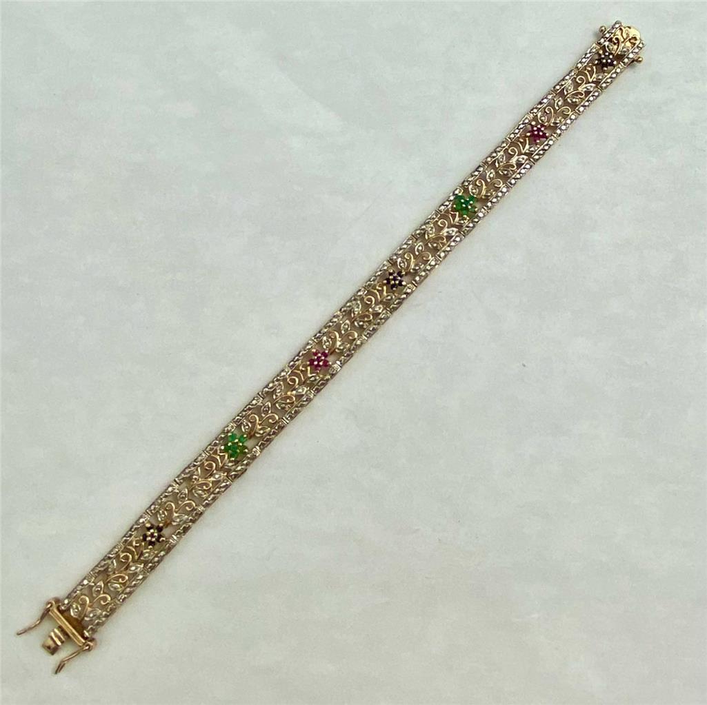 Ross Simons Sterling Silver Gold Pl. Emerald Ruby Sapphire Floral Bracelet 7-1/4