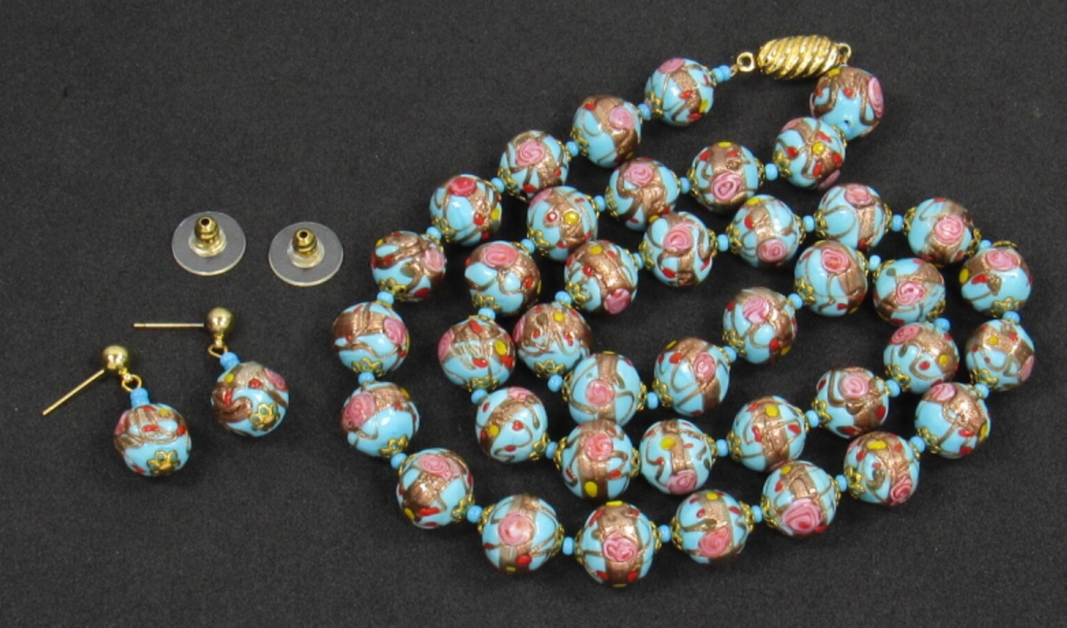Italy WEDDING CAKE Gold Pink Red Blue Bead Strand NECKLACE Pierced EARRINGS SET