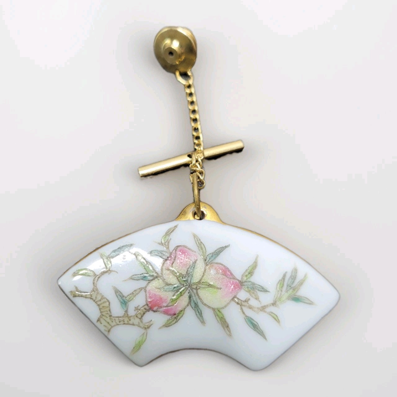 Porcelain Pin Pendant Convertible Japanese Fan Peaches Floral Handpainted VTG