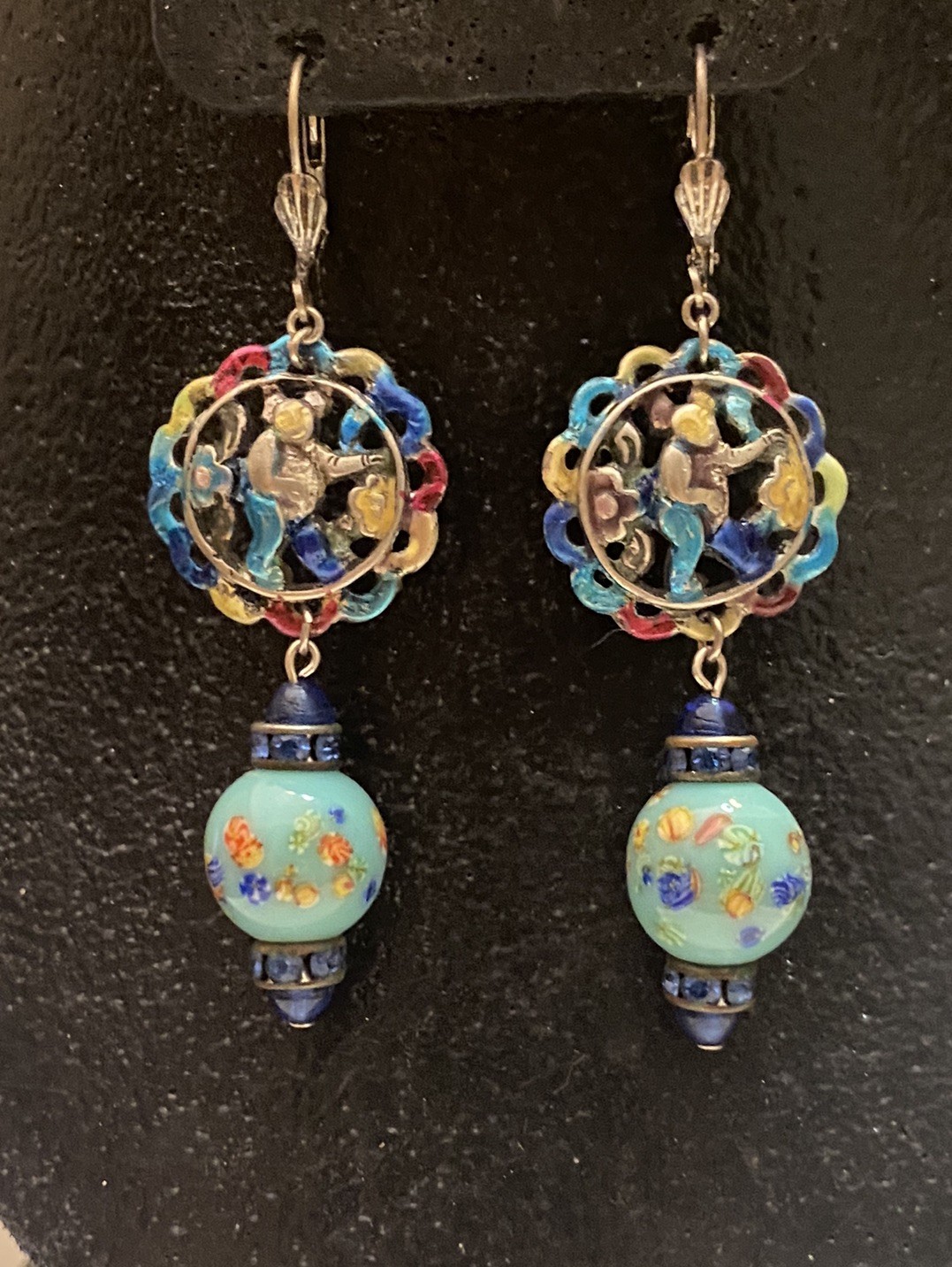 Vintage Asian Themed Colorful Ronde Bosse Enamel Art Glass Rhinestone Earrings