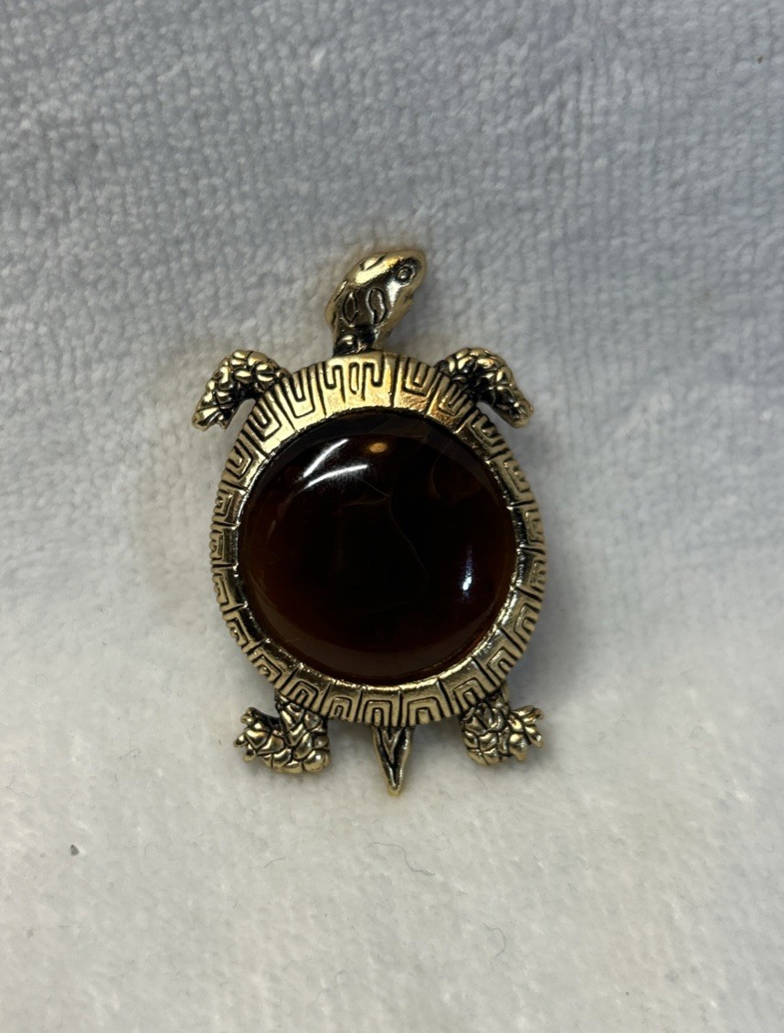 Vintage Gold Tone TURTLE Brooch w Tortoise Shell Glass Body