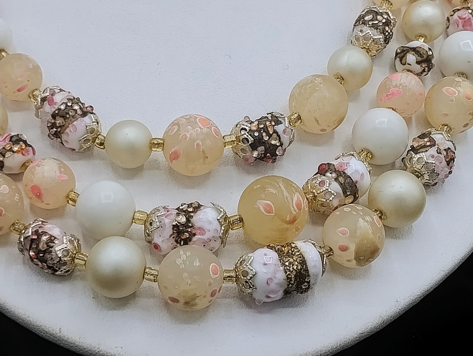 Vtg. Japan Necklace 3 Strand Pink,White Beads Sugar Textured, 16.5-18″FREE SHIP