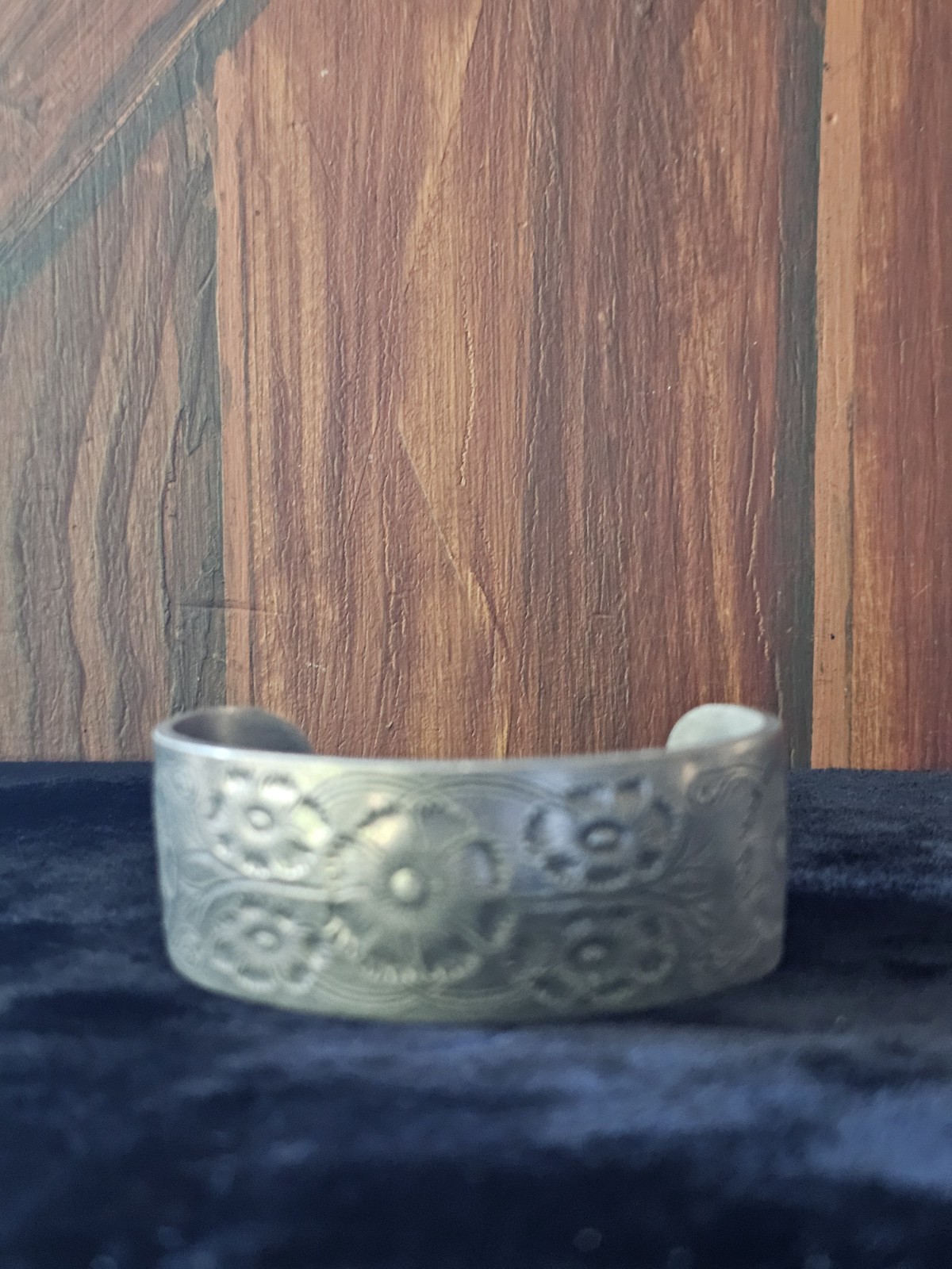 Vtg Salisbury Pewter October Flower of the Month Wide Cuff Bracelet Adjustable