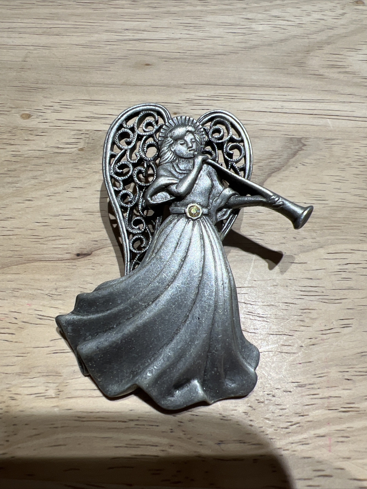 JJ Jonette Pewter Angel Brooch Pin Rhinestone Jewelry Vintage, Christmas.
