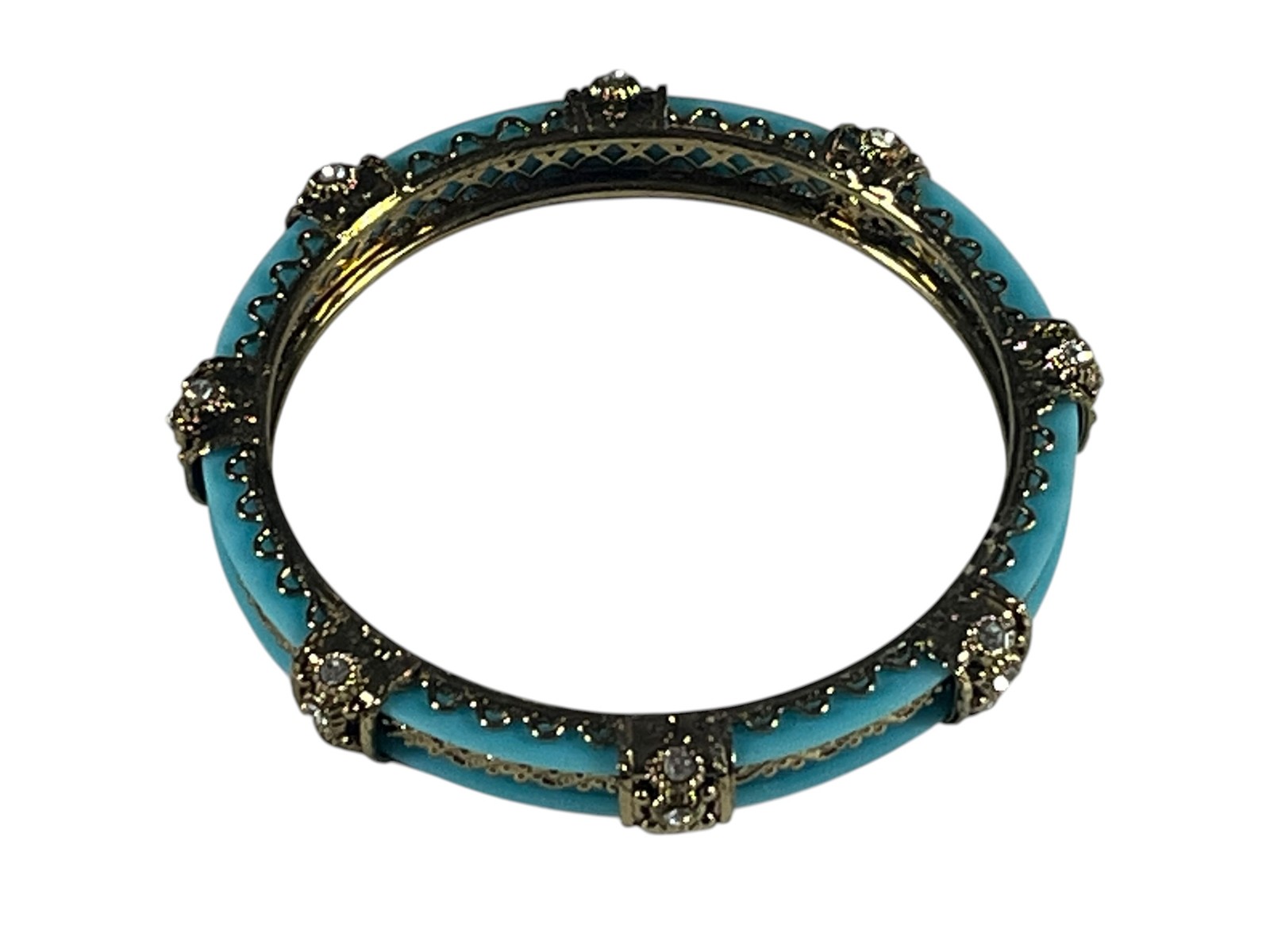 Vintage Gold Tone Turquoise Blue Enamel Rhinestone Hinged Bangle 3″ Bracelet