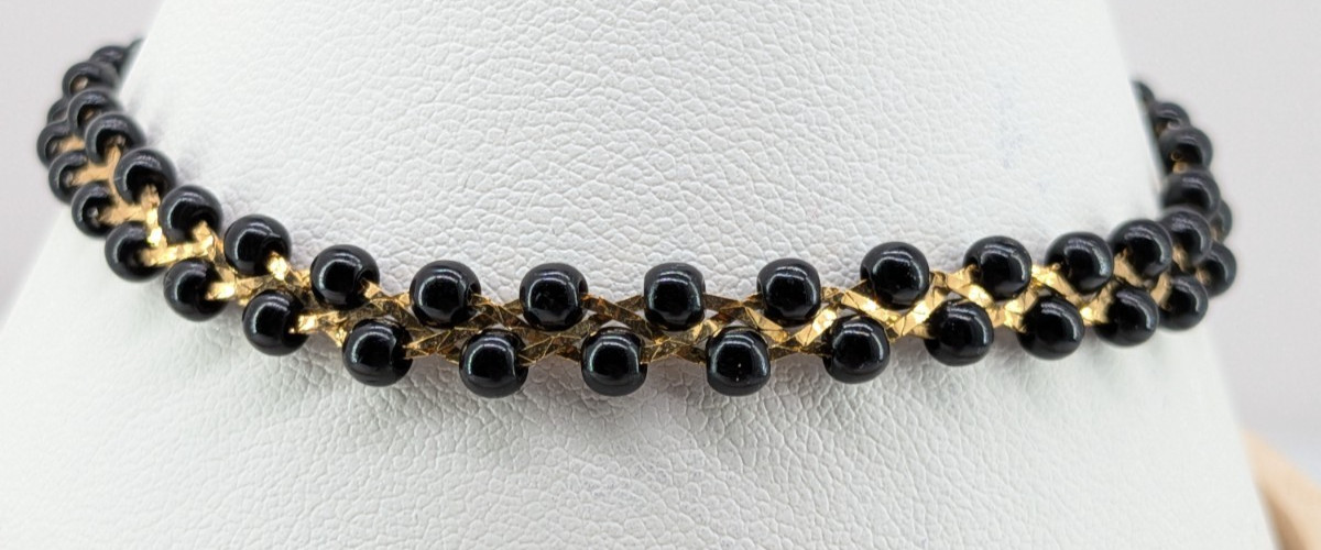 Vintage Trifari TM Bracelet Gold Tone Black Seed Bead Braided Link 7.5in Signed