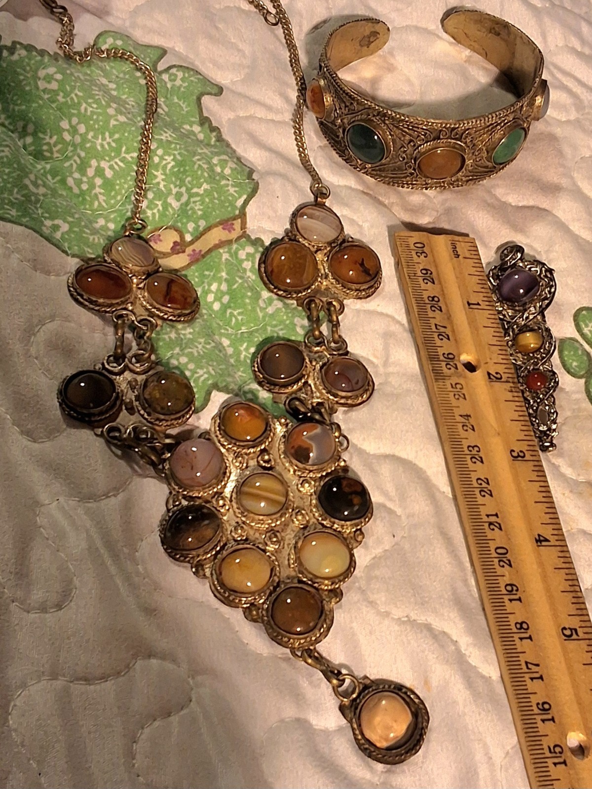 Vintage Tibetan Silver Metal Agate Glass Statement Necklace, Bracelet and Pin