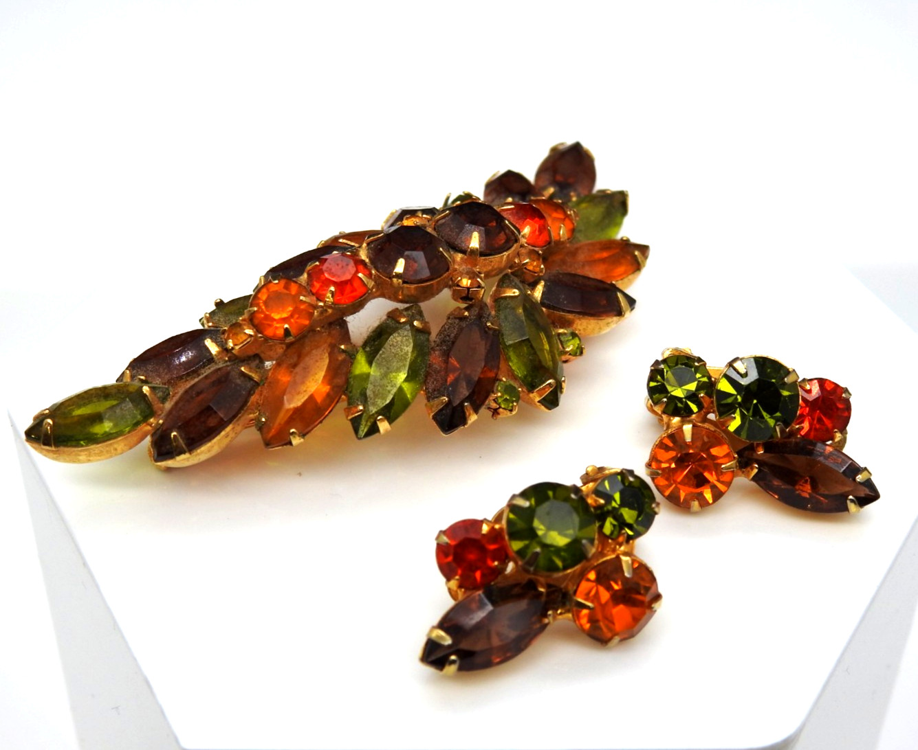 Juliana Rhinestone Brooch Clip Earrings Set Fall Colors Demi Parure Vintage