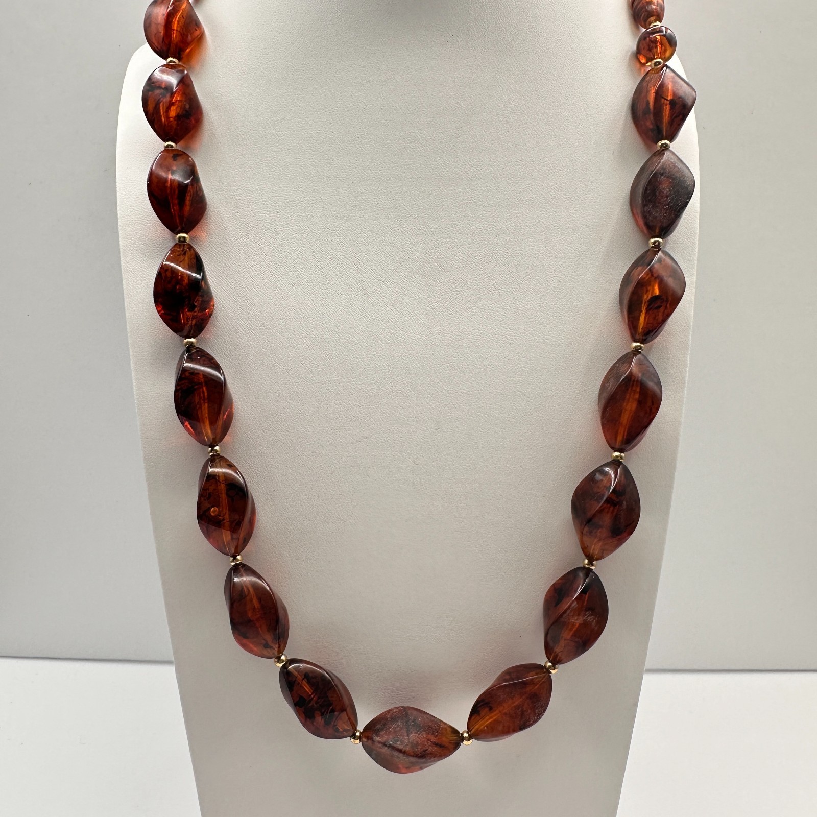Vintage 90s Faux Amber Resin Chunky Necklace Brown Twisted Beaded Jewelry