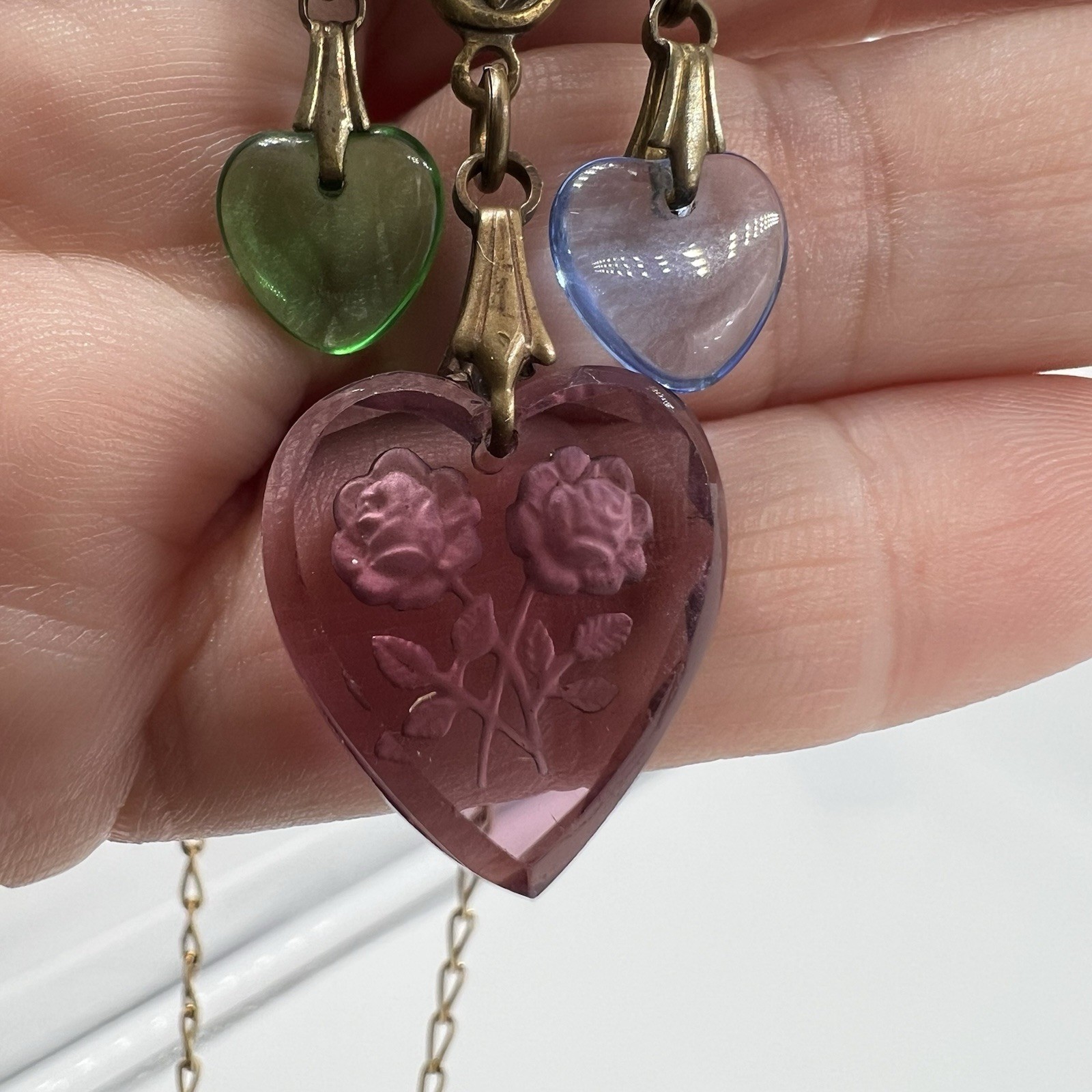 VTG GLASS WORKS STUDIO LTD Glass and Brass Heart CHARM NECKLACE Intaglio 24+”