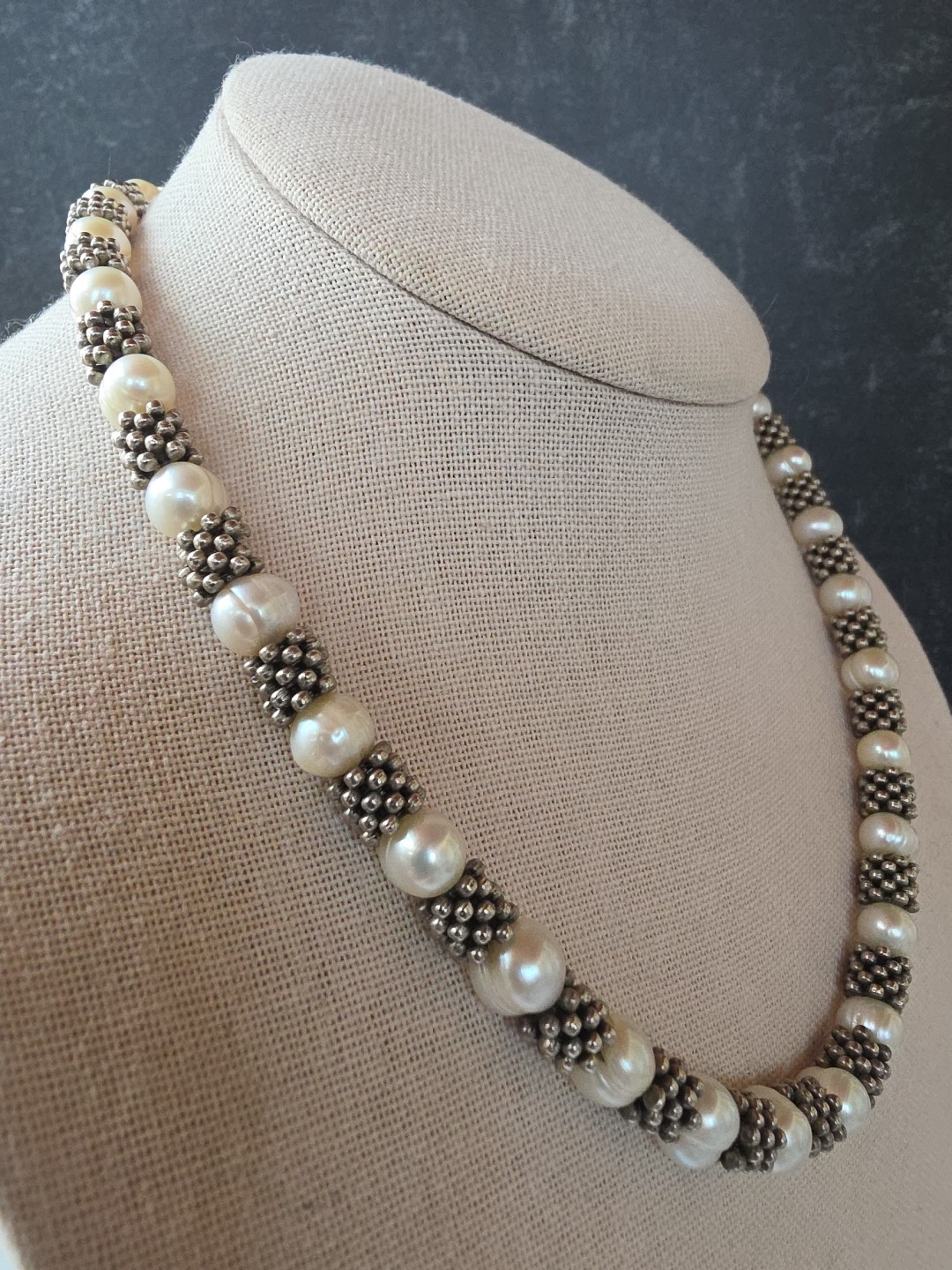 Real Pearl Silver Tone Metal Beaded Necklace Toggle Closure Vintage