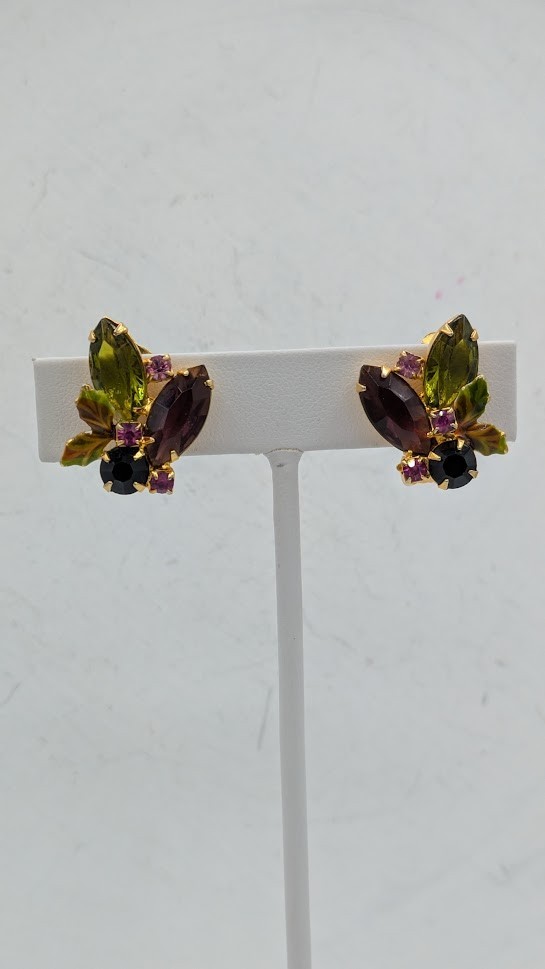 Vintage Floral Cluster Clip Earrings Purple Green Rhinestone