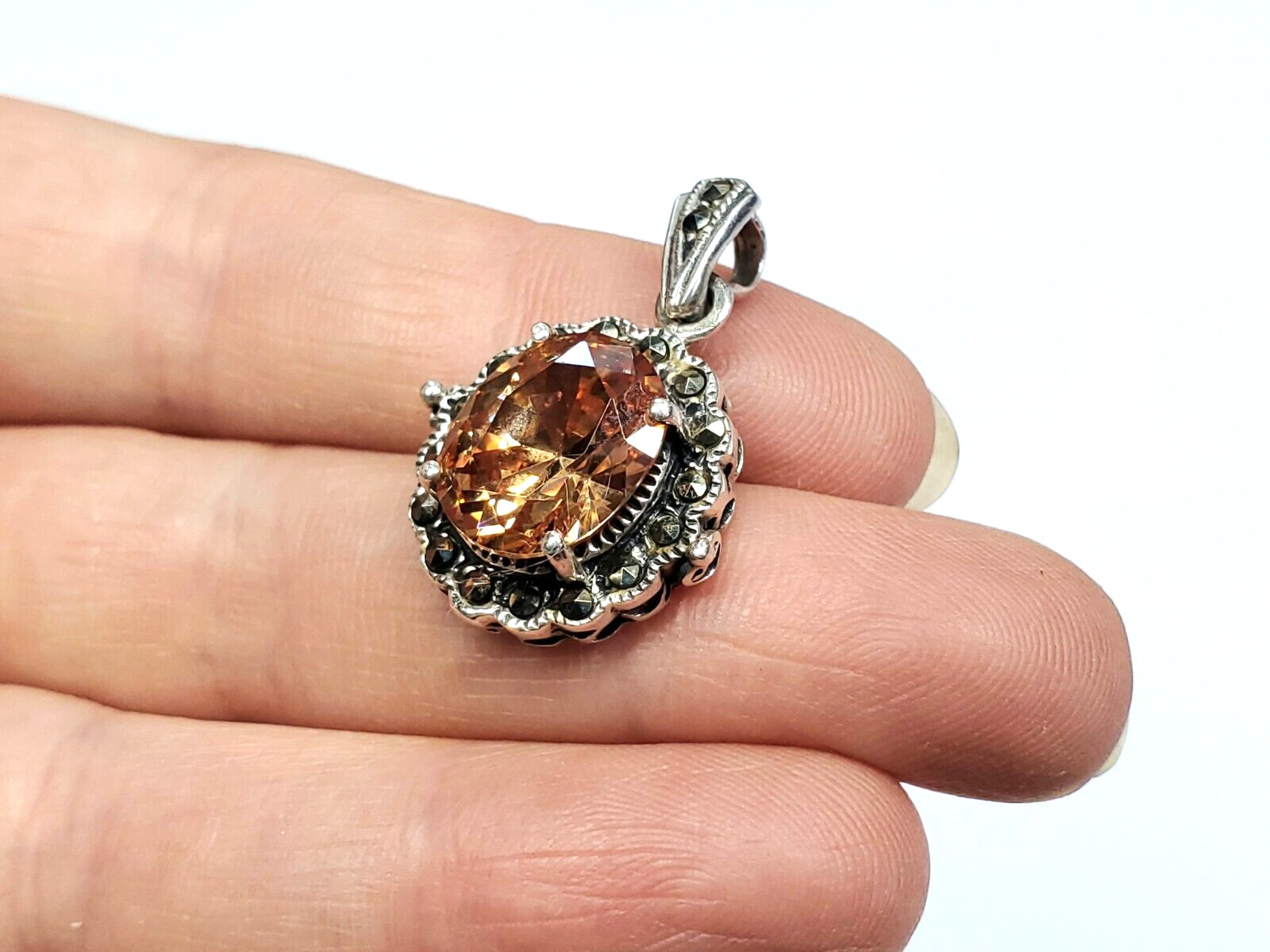 Vintage 1980s Signed Marsala Marcasite Faceted Peach Citrine Round Oval Pendant