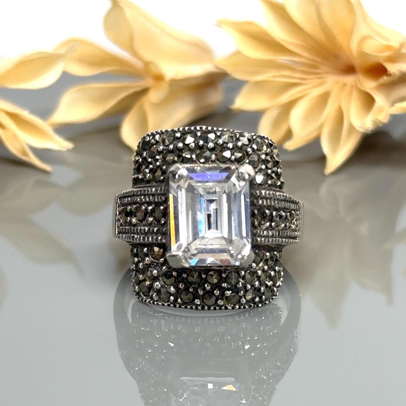 Emerald Cut CZ and Marcasite Sterling Silver Engagement Ring – Size 7.5