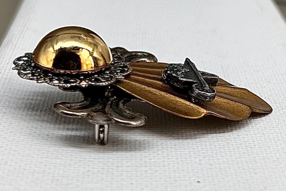 VTG Garden Angel Brooch Pin Gold & Silver Tone Wheelbarrow Charm Gardener GIFT