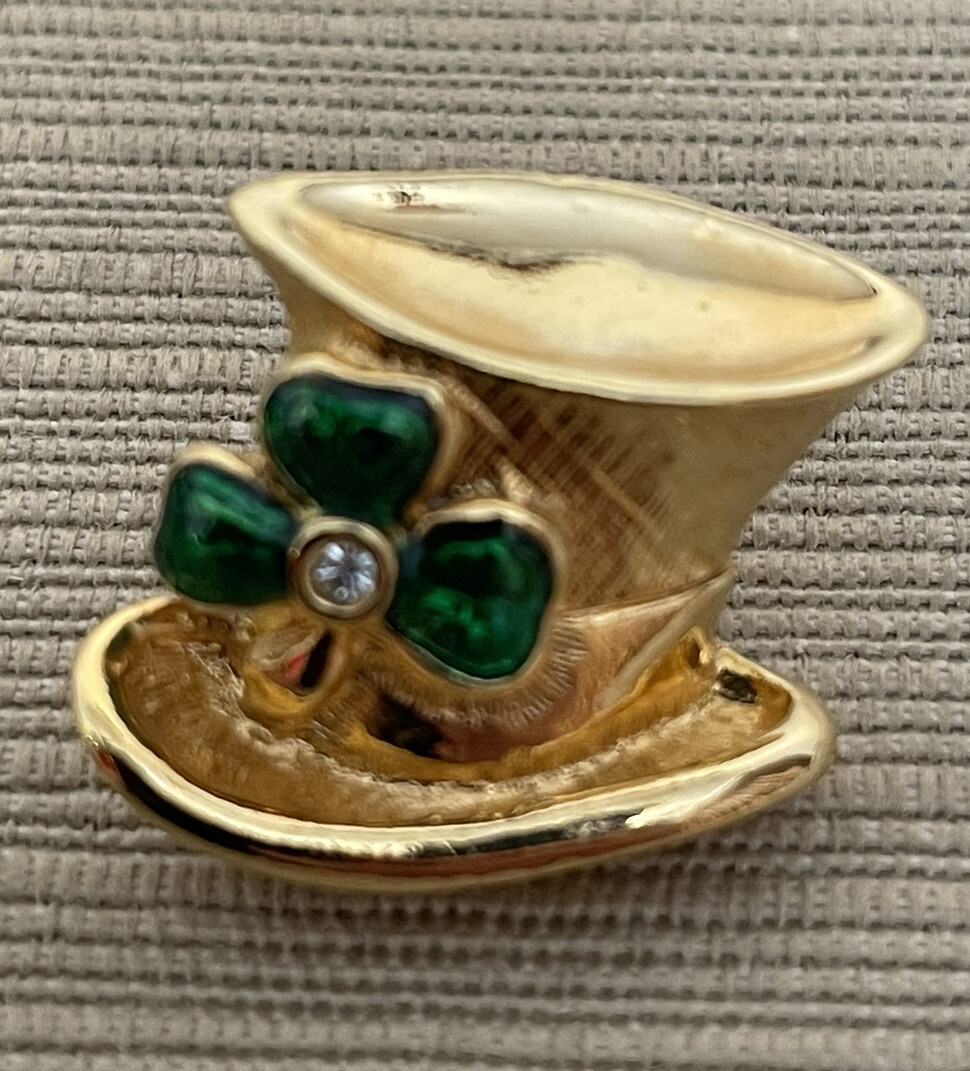 Vtg Avon St Patricks Day Feis Rhinestone Shamrock Irish Leprechaun Hat Lapel Pin