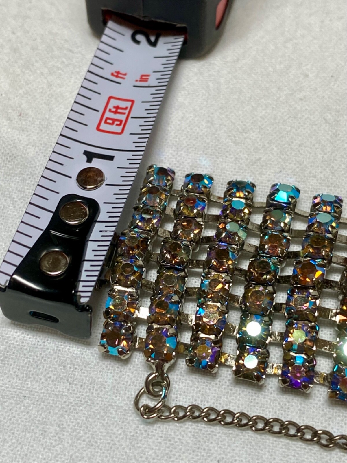 Vintage 7″ x 1″ blue ab possibly Juliana? safety chain missing two sm stones