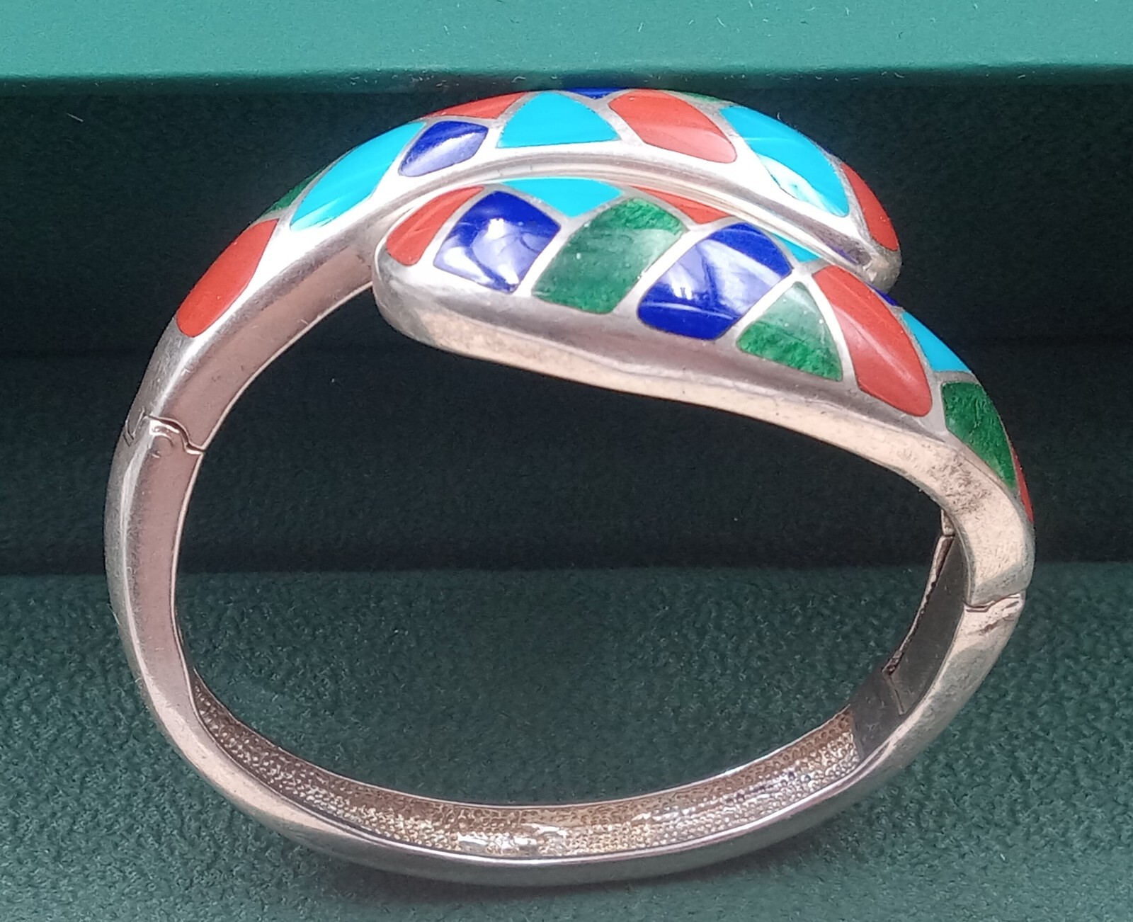 Estate Silver Double Hinged Bracelet: enamel inlay great colors