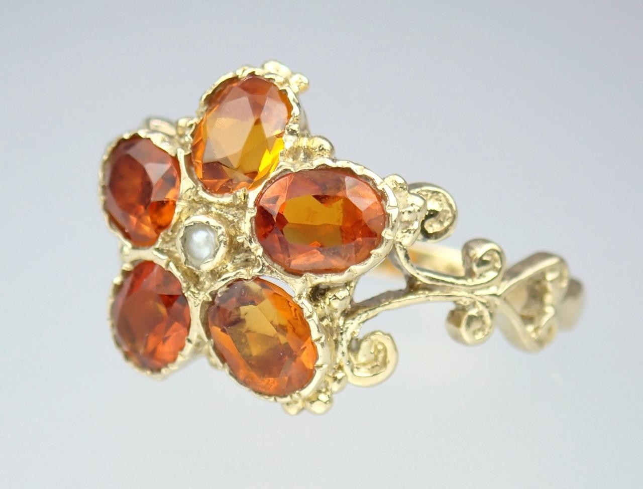 Pretty Vintage Solid 9K Gold Madeira Citrine Pearl Floral Scroll Ring 1971 7.25