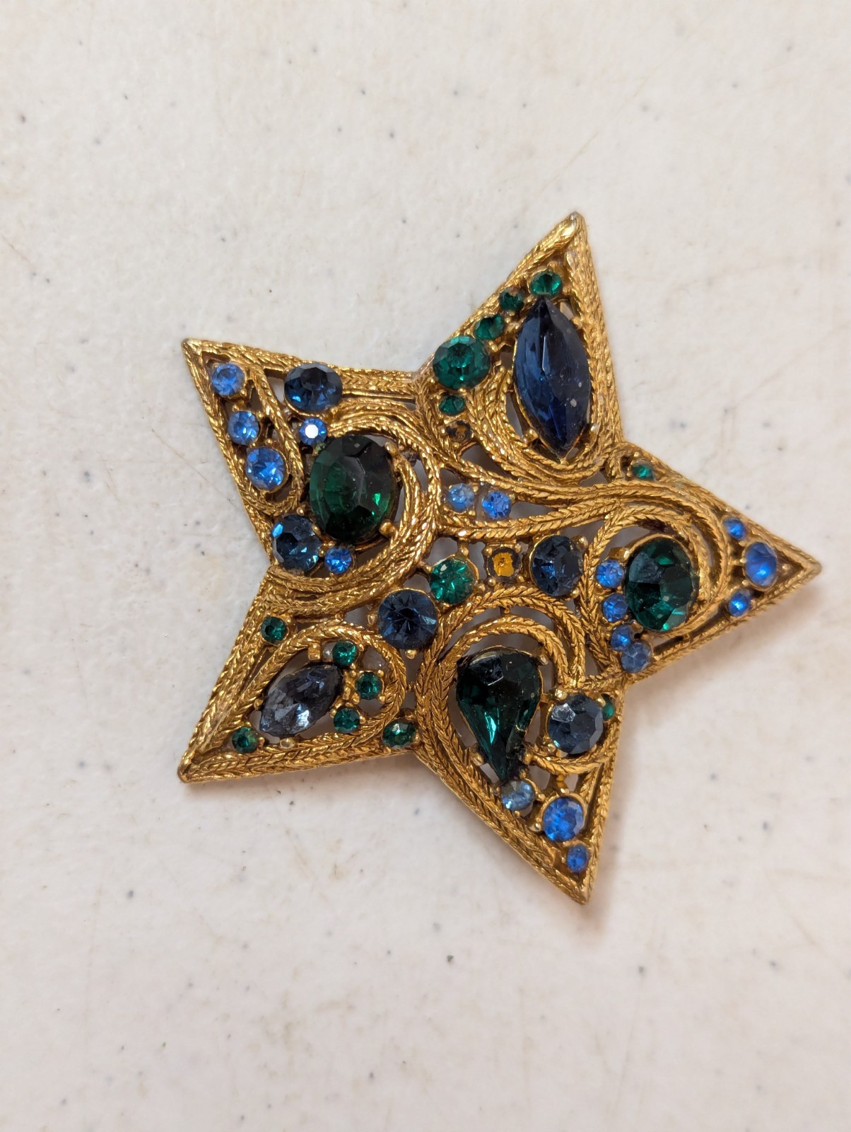 LaRoco La Roco Domed Paisley Rhinestone Star Brooch Pin Greens & Blues