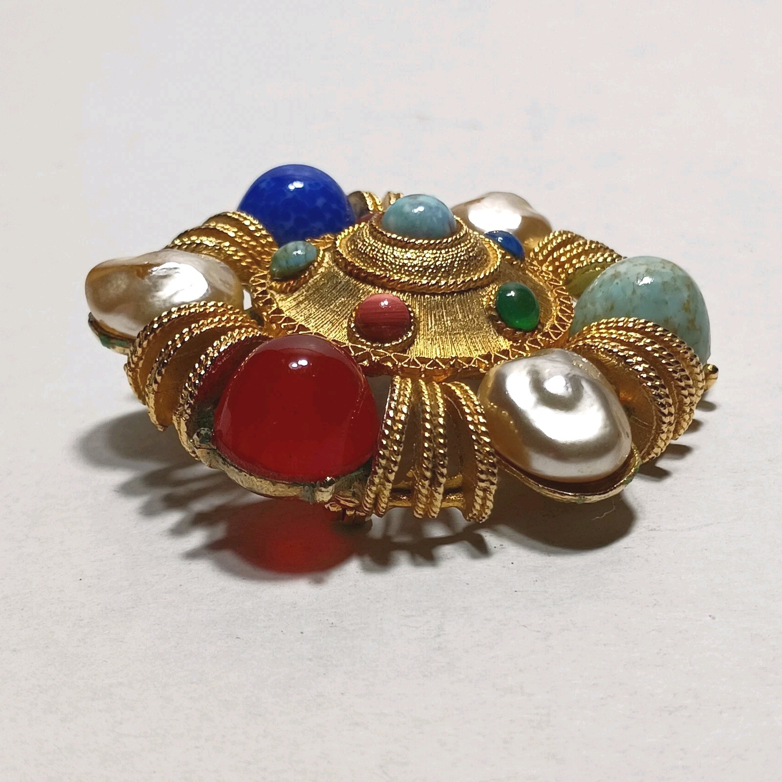 Brooch Ruby Sapphire Turquoise Cobochons Baroque Faux Pearls GT Vintage Signed